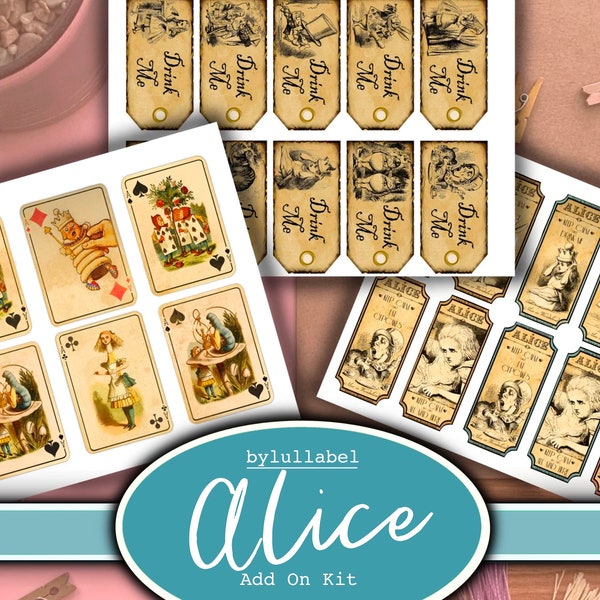 Alice in Wonderland add on kit, for junk journals, rages, labels and playing cards, embellishments and ephemera uk