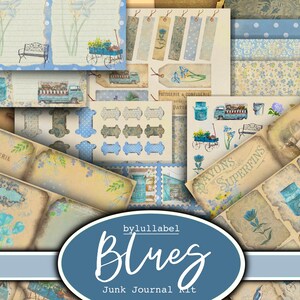 Bellissimo kit di diario spazzatura blues, kit stampabile effimero, confezione, Regno Unito. Carta, tasche, etichette, cartellini, pagine di carta straccia, abbellimenti, regali