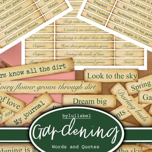 Gartenarbeit Wörter und Phrasen druckbare Ephemera digitale Junk-Journal wählerischen Schnitten shabby chic Stil Schreibmaschinenschrift