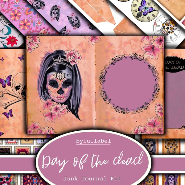 Day of the Dead junk journal kit, ephemera printable kit, uk. Paper, pockets, labels, tags, scrap paper pages, embellishments, gift