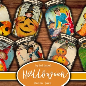 Puede incluir: Ocho imágenes vintage de temática de Halloween impresas en etiquetas de tarros de albañil. Las imágenes presentan calabazas, brujas, gatos y otras imágenes de Halloween. Las etiquetas son perfectas para decorar tarros de albañil para Halloween.