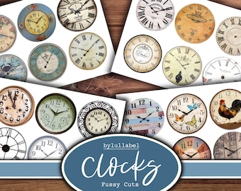 May include: A set of 15 printable vintage clock images. The clocks are in various styles and colors, including a rooster, butterflies, and a wooden clock face. The images are perfect for crafting projects, scrapbooking, or digital design.