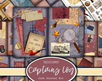 Captains Log junk journal kit, nautical ephemera printable kit, uk. Paper, pockets, labels, tags, scrap paper pages, embellishments, gift