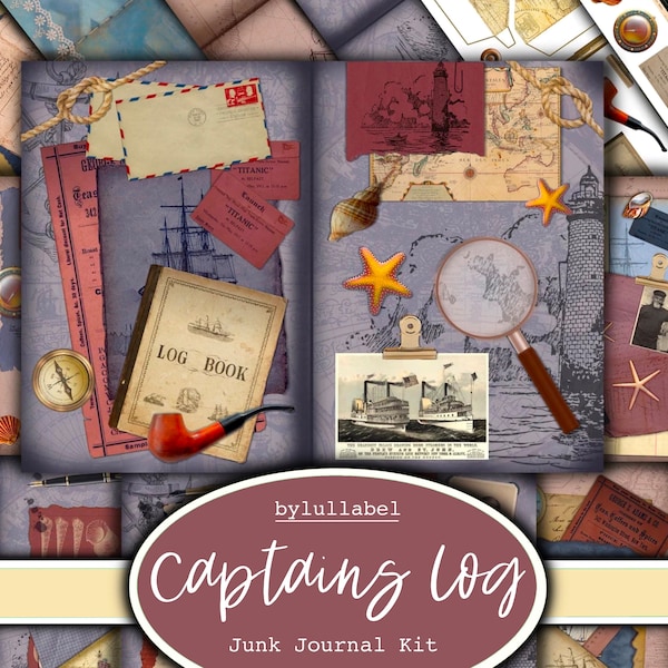 Captains Log junk journal kit, nautical ephemera printable kit, uk. Paper, pockets, labels, tags, scrap paper pages, embellishments, gift