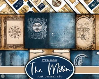 May include: A digital junk journal kit with a blue and brown color scheme featuring images of the moon, stars, and celestial bodies. The kit includes various decorative elements, such as frames, tags, and papers. The text "The Moon Junk Journal Kit" is displayed in a large, decorative font.