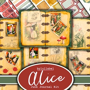 Alice in Wonderland  junk journal kit,ephemera printable kit,uk. Magic Paper, pockets, labels, tags, scrap paper pages, embellishments, gift