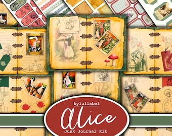 May include: Alice in Wonderland themed junk journal kit with vintage illustrations, paper, and tags. The kit includes a variety of images, including Alice, the Mad Hatter, the Queen of Hearts, and the Cheshire Cat. The kit also includes a variety of paper, including patterned paper, plain paper, and cardstock. The kit also includes a variety of tags, including blank tags, tags with text, and tags with images.