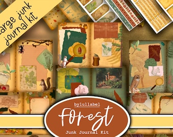 May include: A digital junk journal kit with a forest theme. The kit includes various images, papers, and elements in shades of green, brown, and beige. The text "Forest Junk Journal Kit" is visible in the image.
