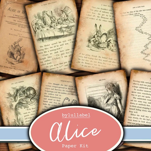 Alice im Wunderland Papier Kit, Buchseiten Ephemera, Journal Backing Wallpaper, Add-Ons, weißes Kaninchen, verrückter Hutmacher, Alice, trink mich, Junk Journal