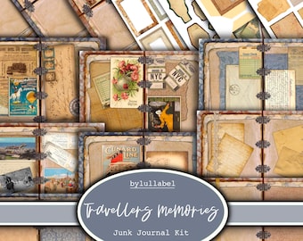 Travellers memories   junk journal kit, ephemera printable kit, uk. Paper, pockets, labels, tags, scrap paper pages, embellishments, gift