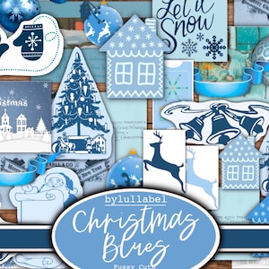 Kerstblues kieskeurig uitgesneden afdrukbare ephemera, collages uit junk-journaals, versieringsbenodigdheden, 60 verschillende afbeeldingen, verbazingwekkende waarde. Jpg-formaat