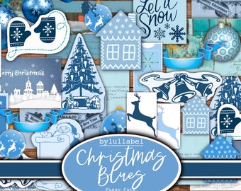 Christmas blues fussy cut printable ephemera, junk journal collages, embellishment supplies,  60 different images, amazing value. Jpg format