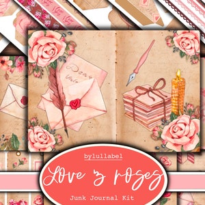 Zestaw dziennika śmieciowego Love and roses, zestaw do druku efemeryd, uk. Papier walentynkowy, kieszenie, etykiety, tagi, strony z papieru do scrapbookingu, ozdoby, prezent