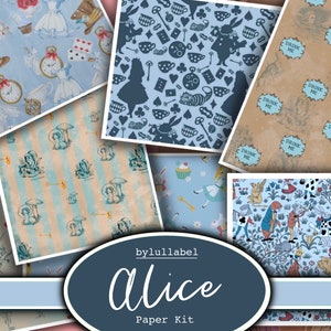 Alice im Wunderland Papier Kit, Journal Ephemera, Backing Wallpaper, Add-Ons, weißes Kaninchen, verrückter Hutmacher, Alice, trink mich, Junk Journal