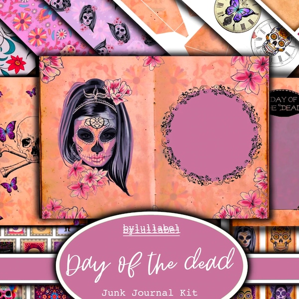 Day of the Dead junk journal kit, ephemera printable kit, uk. Paper, pockets, labels, tags, scrap paper pages, embellishments, gift