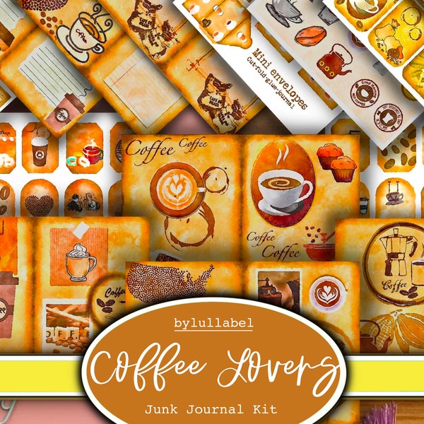 Coffee lover junk journal kit, ephemera printable kit, uk. Paper, pockets, labels, tags, scrap paper pages, embellishments, gift