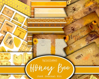 Honey Bees junk journal kit, ephemera printable kit, uk. Paper, pockets, labels, tags, scrap paper pages, embellishments, gift