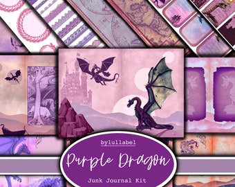 Purple dragons  junk journal kit, magical supplies printable kit, uk. Paper, pockets, labels, tags, scrap paper pages, embellishments, gift