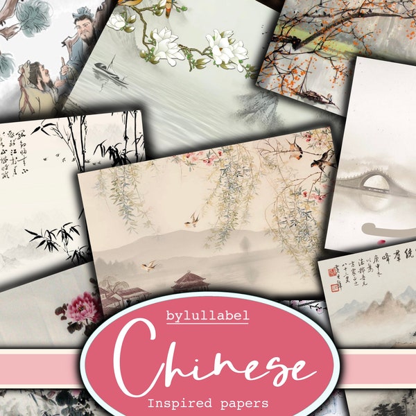 Vintage Chinese  inspired  backing papers  kit, printable kit, uk. Paper, pockets, labels, tags, scrap paper pages, embellishments, gift