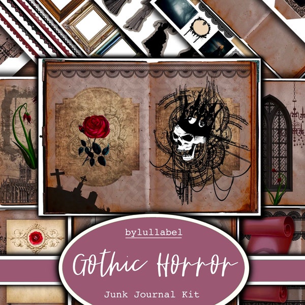 Gothic horror junk journal kit,ephemera printable kit,uk. Scary Paper,pockets,labels, tags, scrap paper pages, embellishments, gift