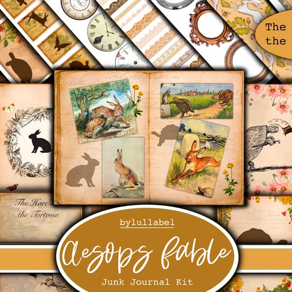 Aesop’s fables journal kit,The Hare and the Tortoise printable kit,uk.  pockets, labels, tags, scrap paper pages, embellishments, gift