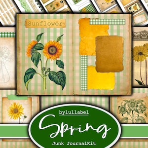 Kit de journal indésirable Spring Sunflowers, kit imprimable éphémère, pack, Royaume-Uni. Papier, pochettes, étiquettes, étiquettes, pages de papier brouillon, embellissements, cadeau