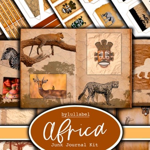 Kit diario spazzatura ispirato all'Africa, kit stampabile effimero, Regno Unito. Carta, tasche, etichette, cartellini, pagine di carta straccia, abbellimenti, regalo