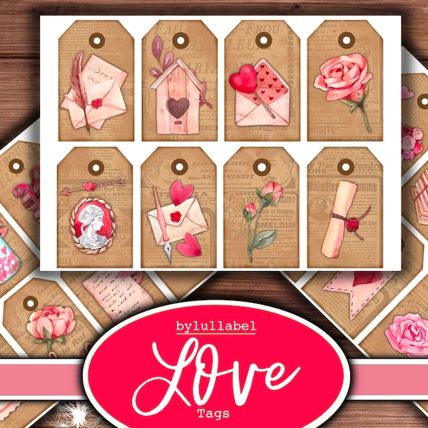 Vintage style love tags, valentines junk journal ephemera, roses, laces, buttons. Scrapbook embellishments, collage materials