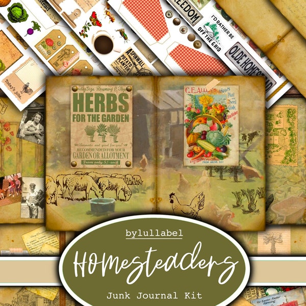 Homesteader  inspired junk journal kit, ephemera printable kit, uk. Paper, pockets, labels, tags, scrap paper pages, embellishments, gift