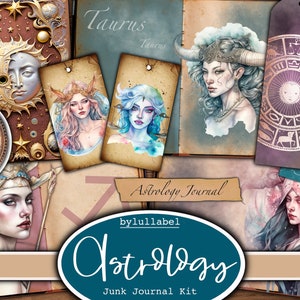 Astrologie Junk Journal Kit, Ephemera Printable Kit, Packung, uk. Papier, Taschen, Etiketten, Tags, Scrap Paper Seiten, Verzierungen, Geschenk
