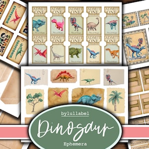 Dinozaury drukowane efemerydy, ozdoby, dziennik dinozaurów, scrapbooking, dziennikarstwo, papiery do scrapbookingu, efemerydy, pobieranie cyfrowe w Wielkiej Brytanii