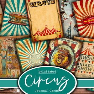 Cartões de diário de circo vintage, ATC, coisas efêmeras de palhaços e acrobacias e suprimentos para diários indesejados, minipapéis, flores, cortes complicados de criaturas