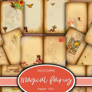 May include: A digital paper kit with a vintage aesthetic featuring fairies, flowers, and butterflies. The kit includes 12 digital papers with a variety of designs. The text "Magical fairies Paper Kit" is displayed on the image.