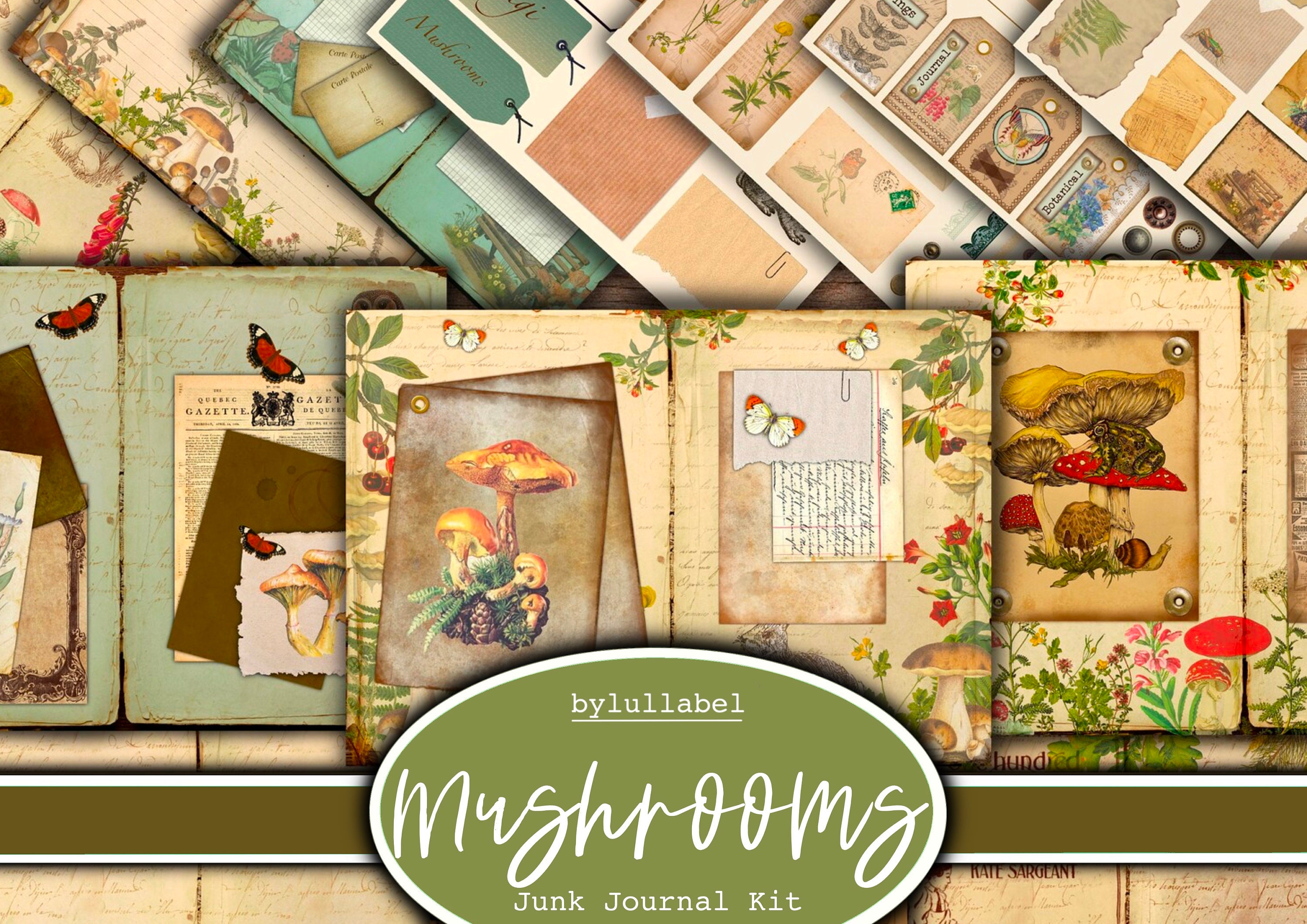 Mushroom  inspired junk journal kit, ephemera printable kit, uk. Paper, pockets, labels, tags, scrap paper pages, embellishments, gift