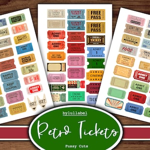 Billets éphémères rétro, articles imprimables pour admission au cinéma, fournitures pour journaux indésirables, clipart, matériel de scrapbooking, billets numériques de style vintage