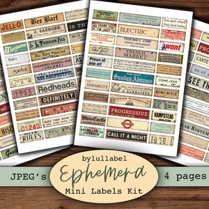 Mini label ephemera, printable word embellishments, junk journal supplies, clip art, scrapbooking materials, vintage style ephemera image 2