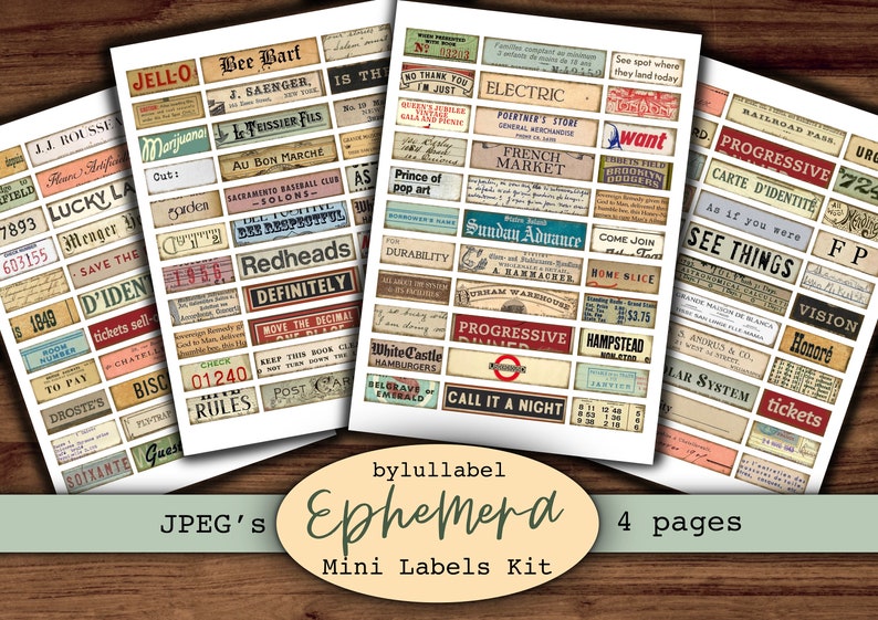 Mini label ephemera, printable word embellishments, junk journal supplies, clip art, scrapbooking materials, vintage style ephemera image 2