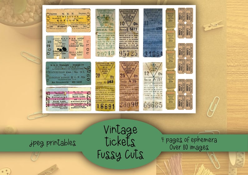 Vintage tickets, fussy cuts, ephemera,printable, digital downloads. 80 plus to choose from. Junk journal, diary, scrapbook or collage. image 3