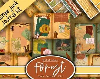 May include: A digital junk journal kit with a forest theme. The kit includes various images, papers, and elements in shades of green, brown, and beige. The text "Forest Junk Journal Kit" is visible in the image.