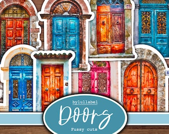 Puede incluir: Un conjunto de diez imágenes digitales de papel con ilustraciones de acuarela de diferentes puertas. Las puertas son de diferentes estilos y colores, incluyendo azul, rojo, naranja y marrón. Las imágenes son perfectas para proyectos de manualidades, scrapbooking y diseño digital.