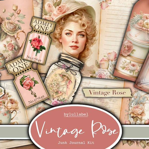 Vintage Rose junk journal kit, ephemera printable kit, pack, uk. Paper, pockets, labels, tags, scrap paper pages, embellishments, gift