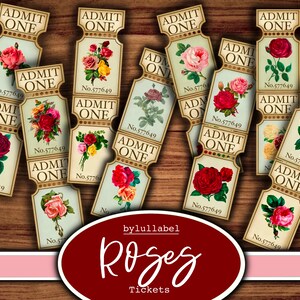 Könnte beinhalten: Ein Satz druckbarer Tickets im Vintage-Stil mit verschiedenen Rosen in Rosa-, Rot- und Weißtönen. Die Tickets sind mit "Admit One" beschriftet und haben jeweils eine Nummer aufgedruckt. Der Text "Roses Tickets" ist in einem roten Kreis am unteren Rand des Bildes gedruckt.