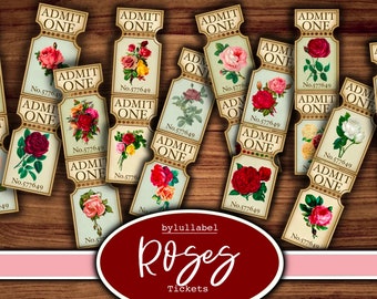 May include: A set of printable vintage-style ticket designs featuring various roses in shades of pink, red, and white. The tickets are labeled "Admit One" and have a number printed on each. The text "Roses Tickets" is printed in a red circle at the bottom of the image.