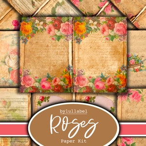 May include: A collage of vintage paper ephemera featuring roses. The central image is an open book page with floral borders in pink, yellow, and red. The text "Roses Paper Kit" is displayed on a brown oval.