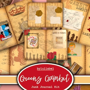 May include: A digital junk journal kit with a vintage aesthetic featuring a chessboard, playing cards, and a woman with a crown. The kit includes the text "Queens Gambit" and "Junk Journal Kit".