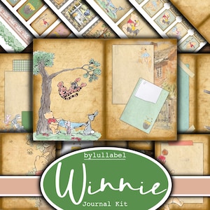 Winnie Puuh Junk Journal Kit, Ephemera Printable Kit, uk. Papier, Taschen, Etiketten, Tags, Scrappapierseiten, Verzierungen, Geschenk