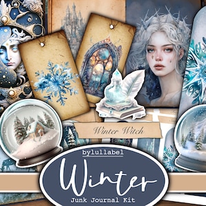 Kit de diario basura Winter Witch, kit imprimible efímero, paquete, Reino Unido. Papel, bolsillos, etiquetas, etiquetas, páginas de papel de desecho, adornos, regalo