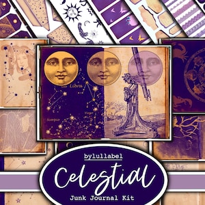 Kit de diário de lixo inspirado na noite celestial, kit para impressão de coisas efêmeras, Reino Unido. Papel, bolsos, etiquetas, etiquetas, páginas de papel de rascunho, enfeites, presentes