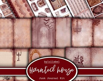 May include: A digital junk journal kit with a haunted house theme. The kit includes various papers, tags, and embellishments in shades of brown, red, and white. The text "Haunted house" is written in a bold, gothic font.