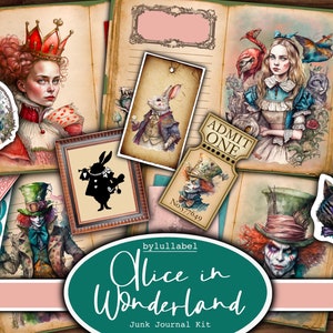 Alice in Wonderland junk journal kit, printable kit, uk. fairytale Paper, pockets, labels, tags, scrap paper pages, embellishments, gift